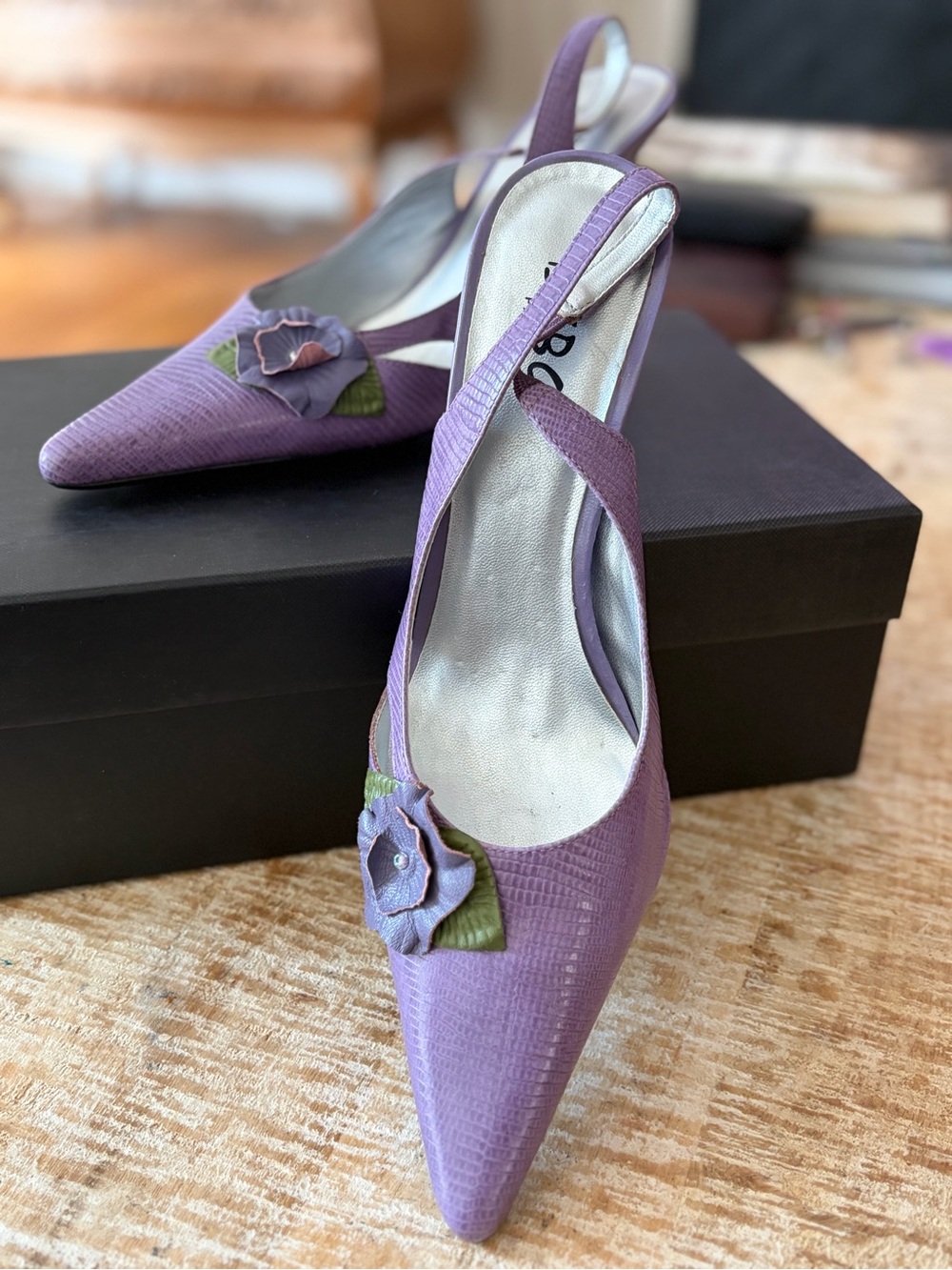 BCBG Paris Lavender Pointed Slingback Heels with Floral Accent